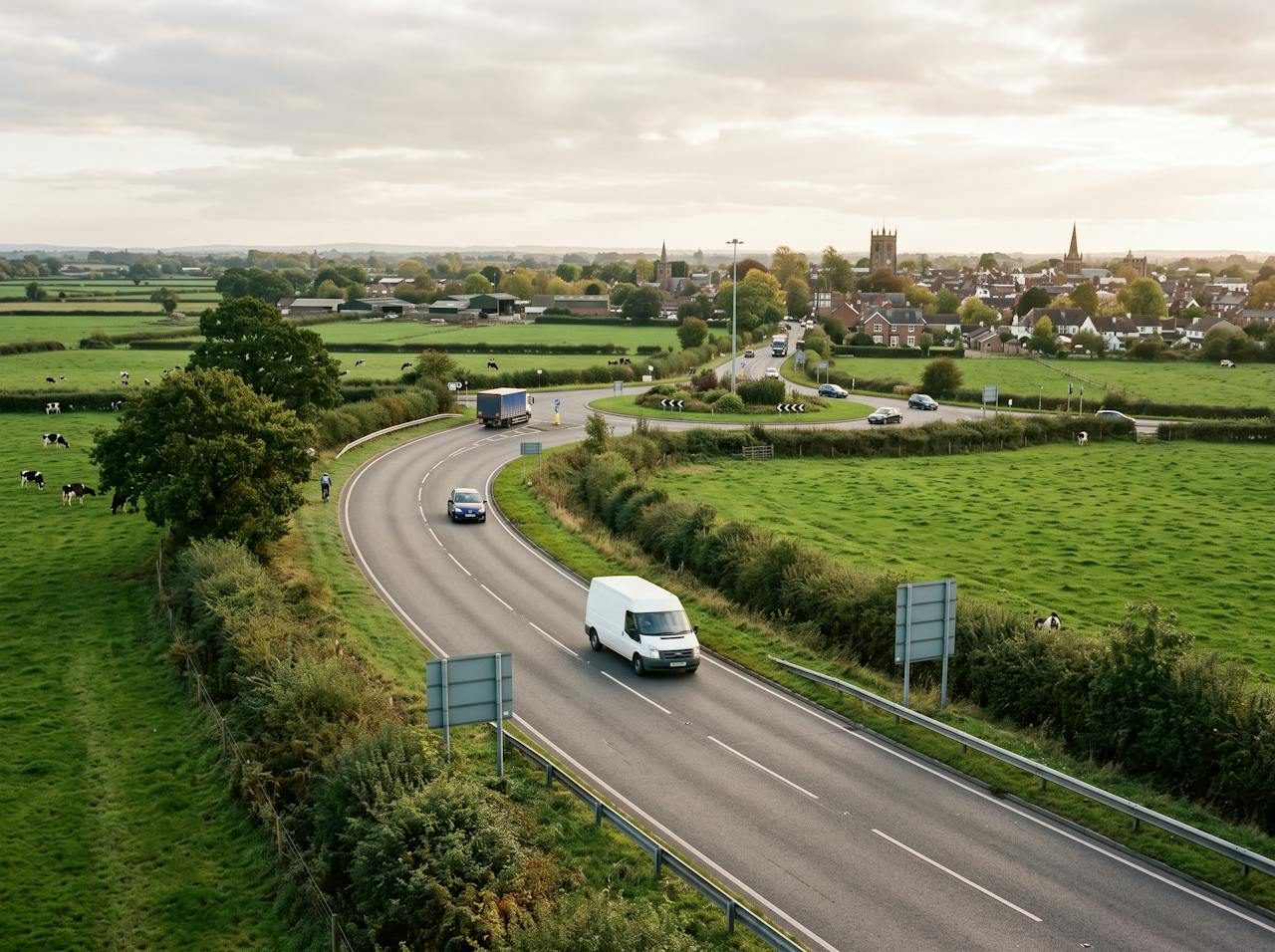 Road curving past fields towards Nantwich with the church tower on the skyline