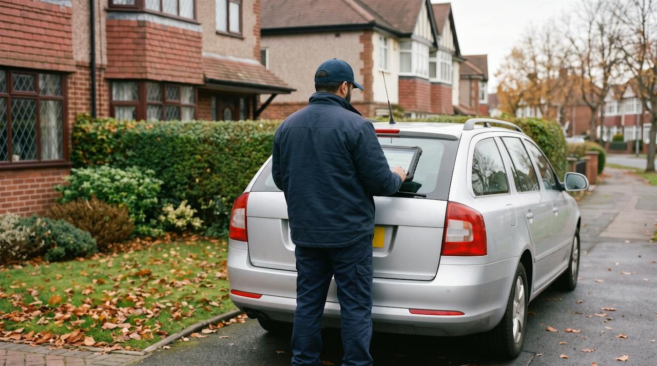 Technician with a diagnostic tablet beside an estate car on a driveway in a Newcastle-under-Lyme suburb