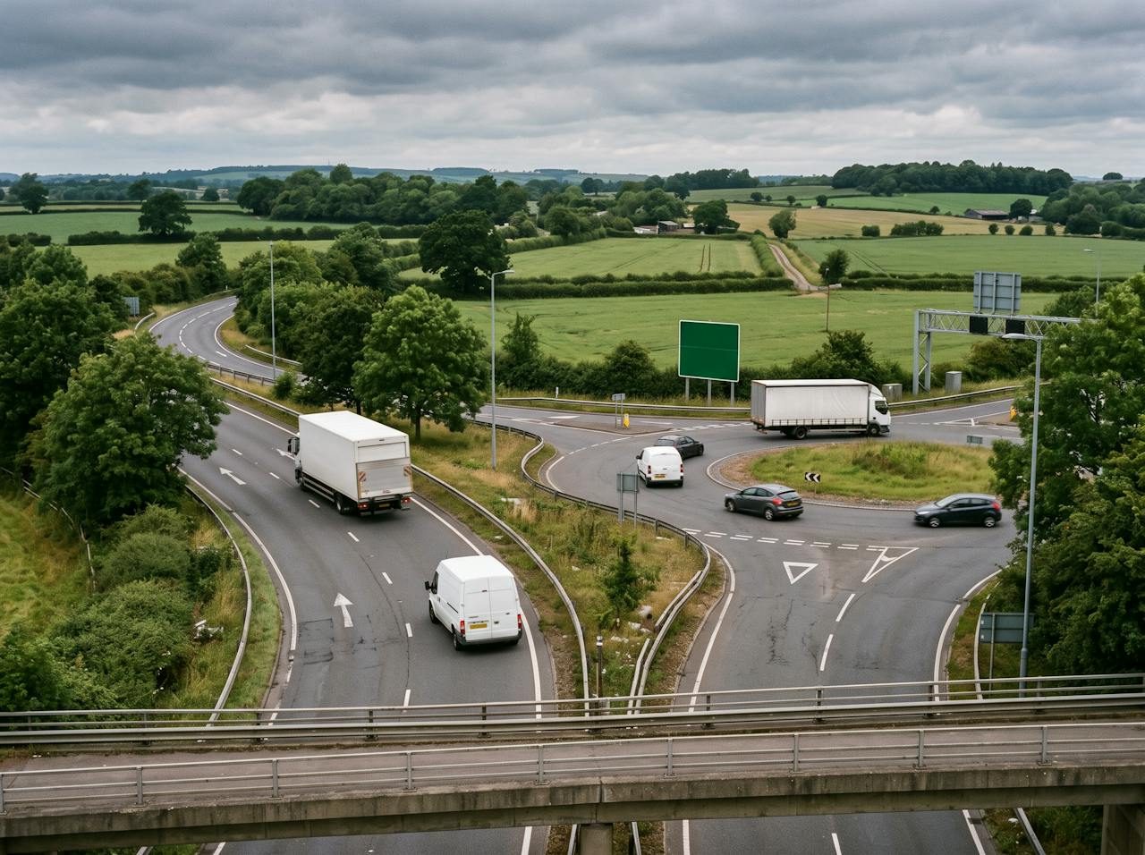 Motorway junction slip road and roundabout among green fields in North Staffordshire