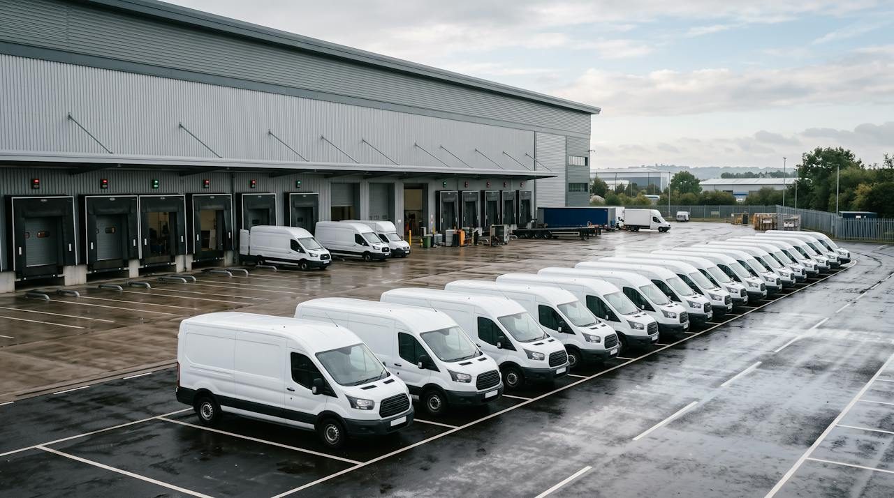 Row of white vans parked outside a logistics warehouse on a business park