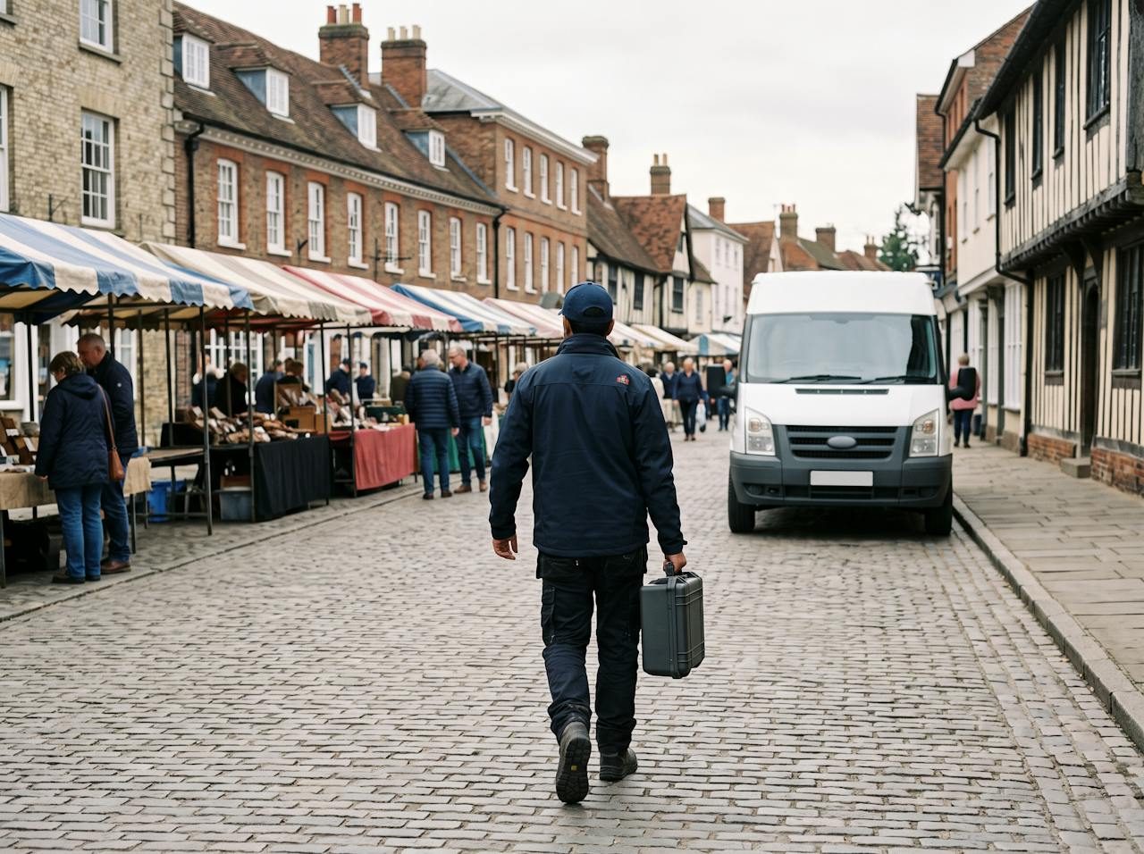 Technician carrying a toolcase towards a white van on a market street in Newcastle-under-Lyme