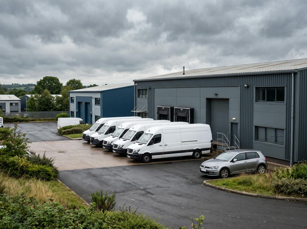 Row of white vans parked outside industrial units on a business estate near Newcastle-under-Lyme