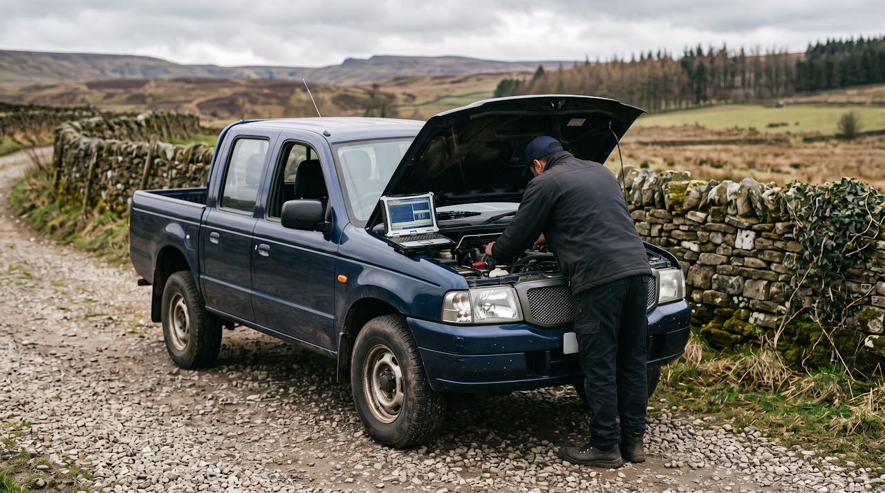 Technician working under the bonnet of a blue pickup on a moorland lane, laptop on the wing