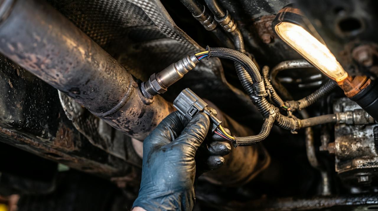Gloved hand unplugging a NOx sensor connector on a diesel exhaust