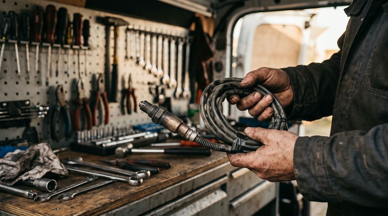 Technician holding a removed NOx sensor in a mobile workshop van