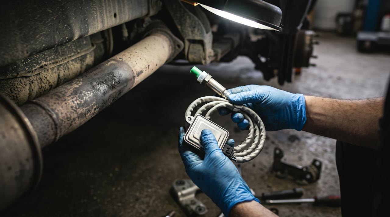 Gloved hands holding a new NOx sensor beside the exhaust of a diesel van