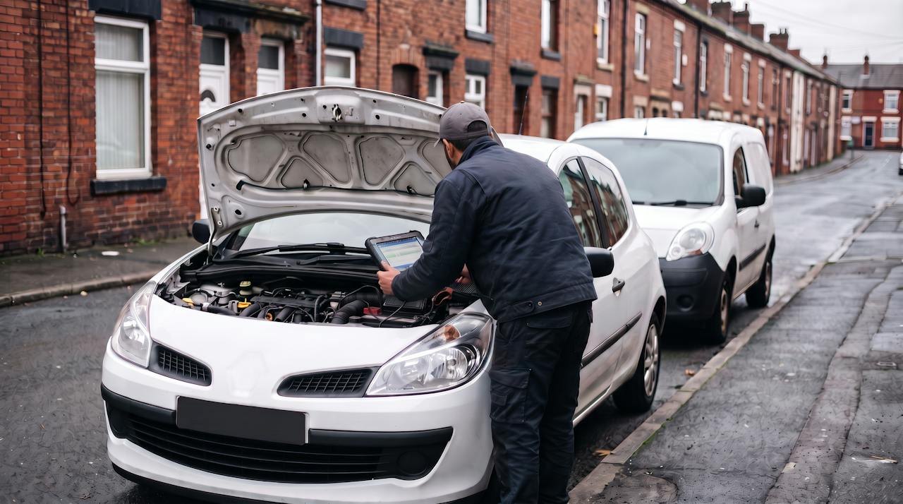Technician with a diagnostic tablet at the open bonnet of a white hatchback on a terraced street