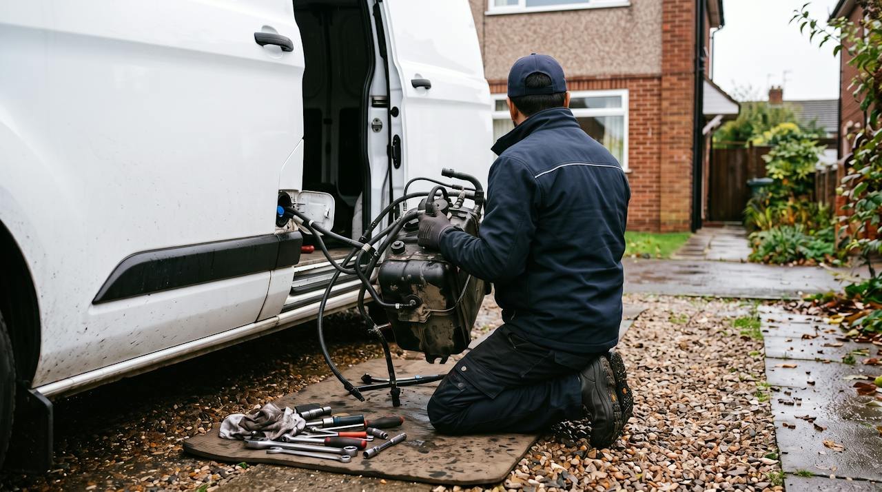 Technician kneeling beside a white van with a removed AdBlue pump and tank module