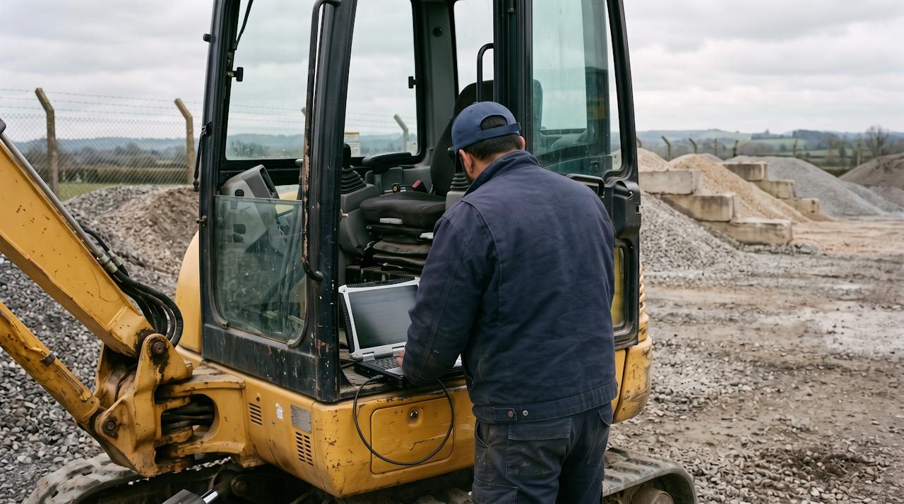 Technician connecting a laptop to a compact excavator in a Staffordshire plant yard