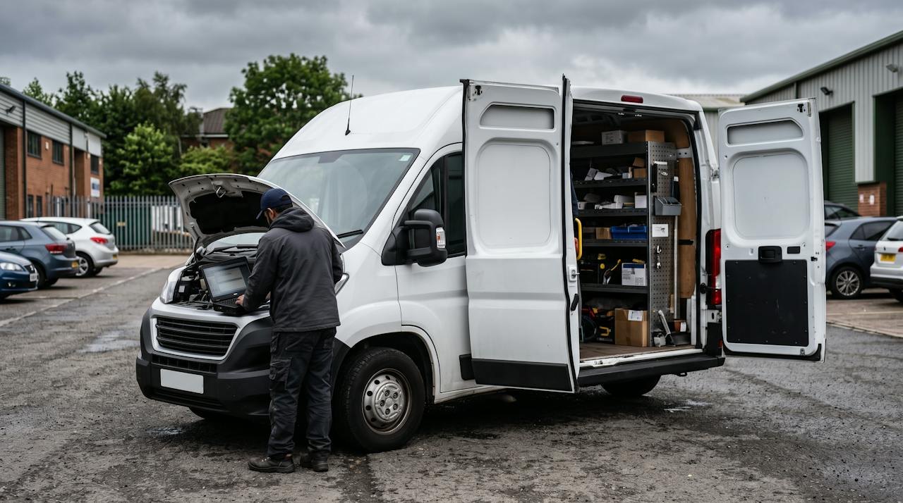 Technician at the open bonnet of a large white panel van on a business park