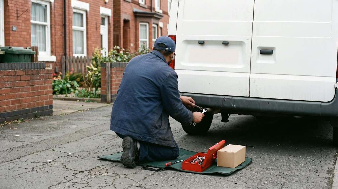 Technician kneeling behind a white van on a residential street fitting a replacement sensor to the exhaust