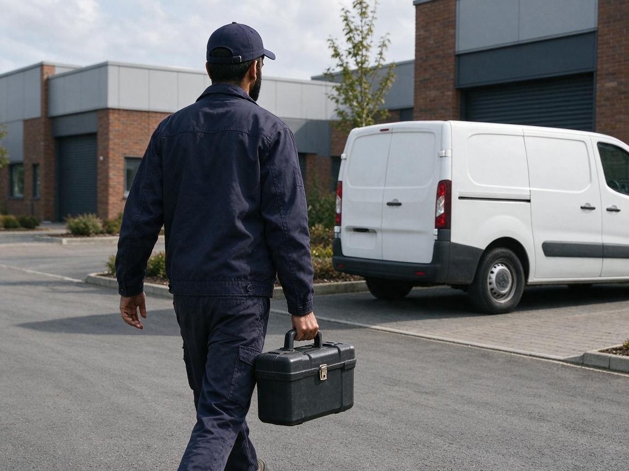 Technician in a navy cap carrying a tool case towards a white van on a business park in Rugeley