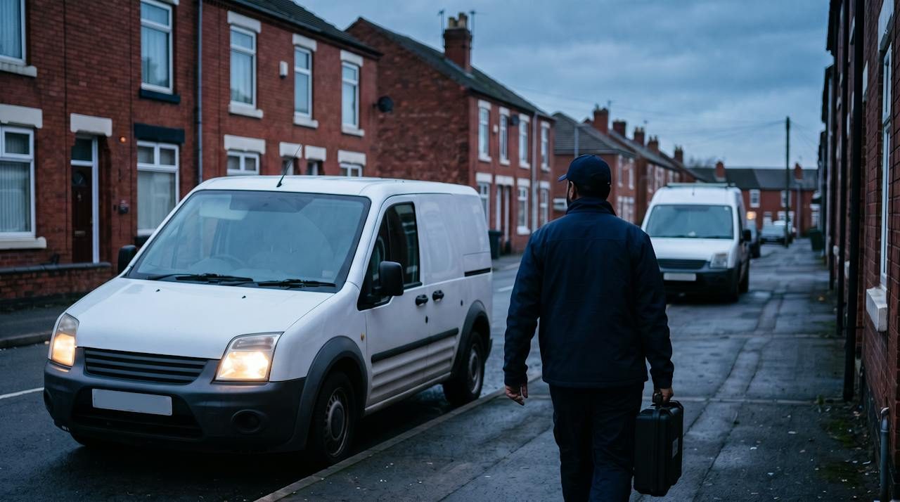 Technician carrying a diagnostic case along a terraced street in Stoke-on-Trent at dawn towards a broken-down van
