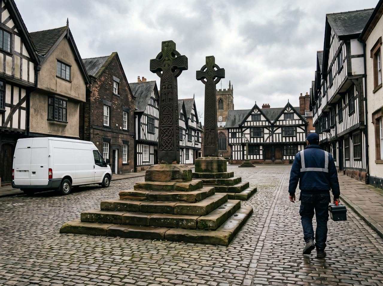 Technician carrying a tool bag across the cobbled square past the Saxon crosses in Sandbach