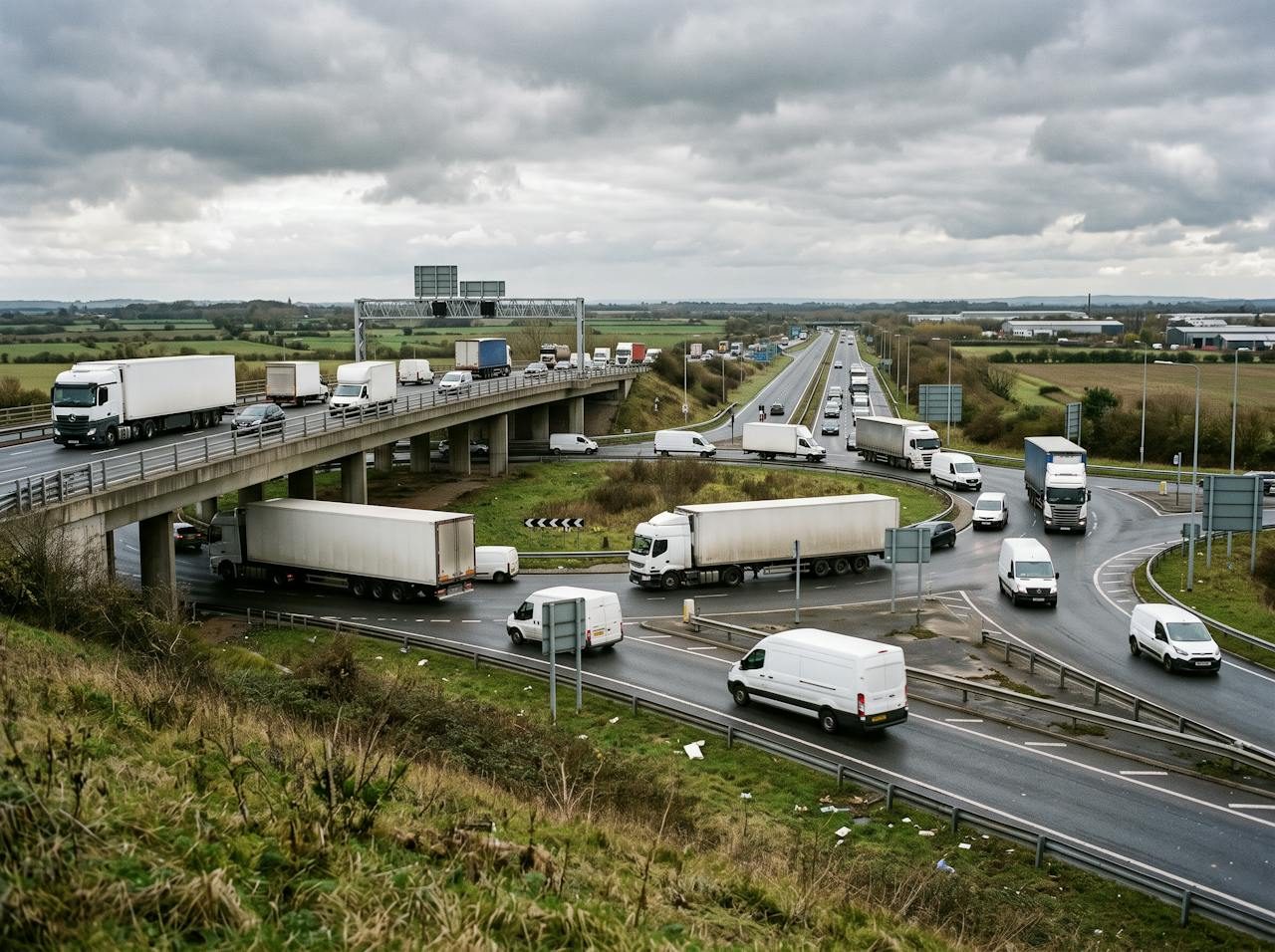 Lorries and vans on the motorway junction slip roads near Sandbach
