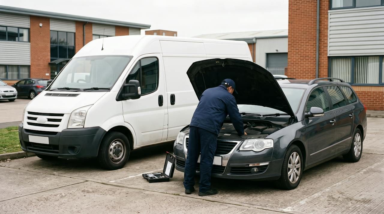 Technician working in the engine bay of a diesel estate car beside a white van on a Staffordshire business park
