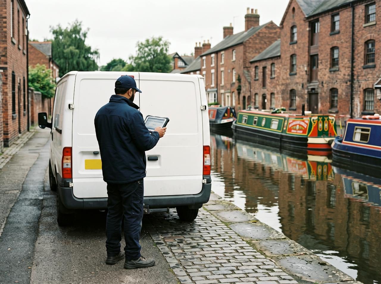 Technician using a diagnostic tablet beside a white van on a canal-side lane with narrowboats