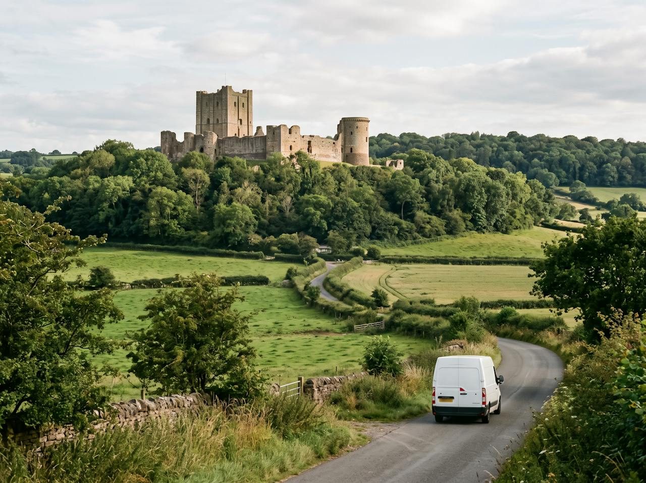 Castle ruin on a wooded hill above fields near Stafford, with a white van on a country road
