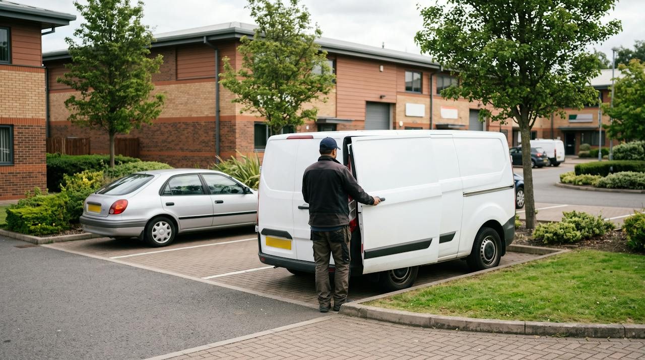 Technician closing the side door of a white van on a business park