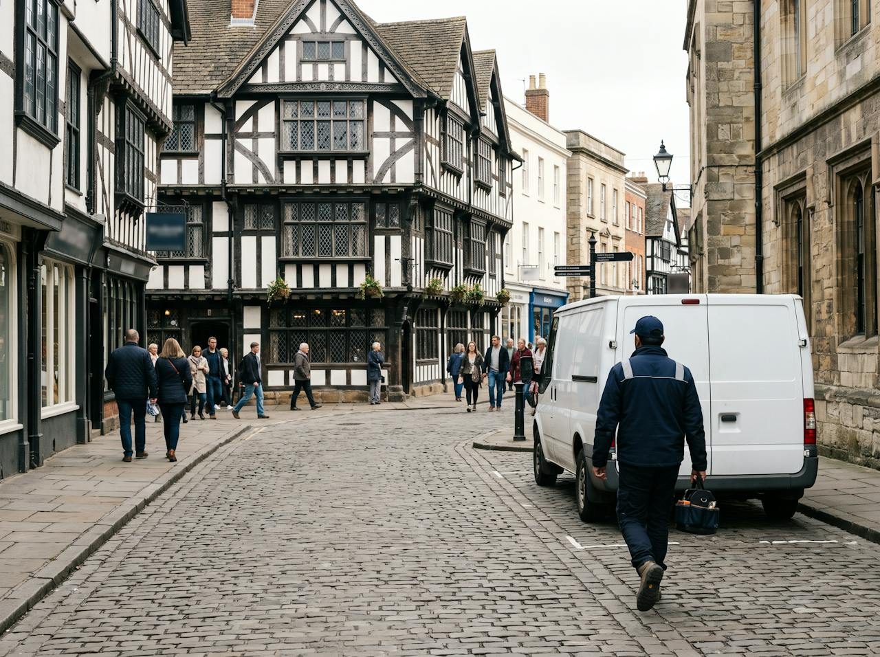 Technician beside a white van on a pedestrian street of timber-framed buildings in Stafford town centre