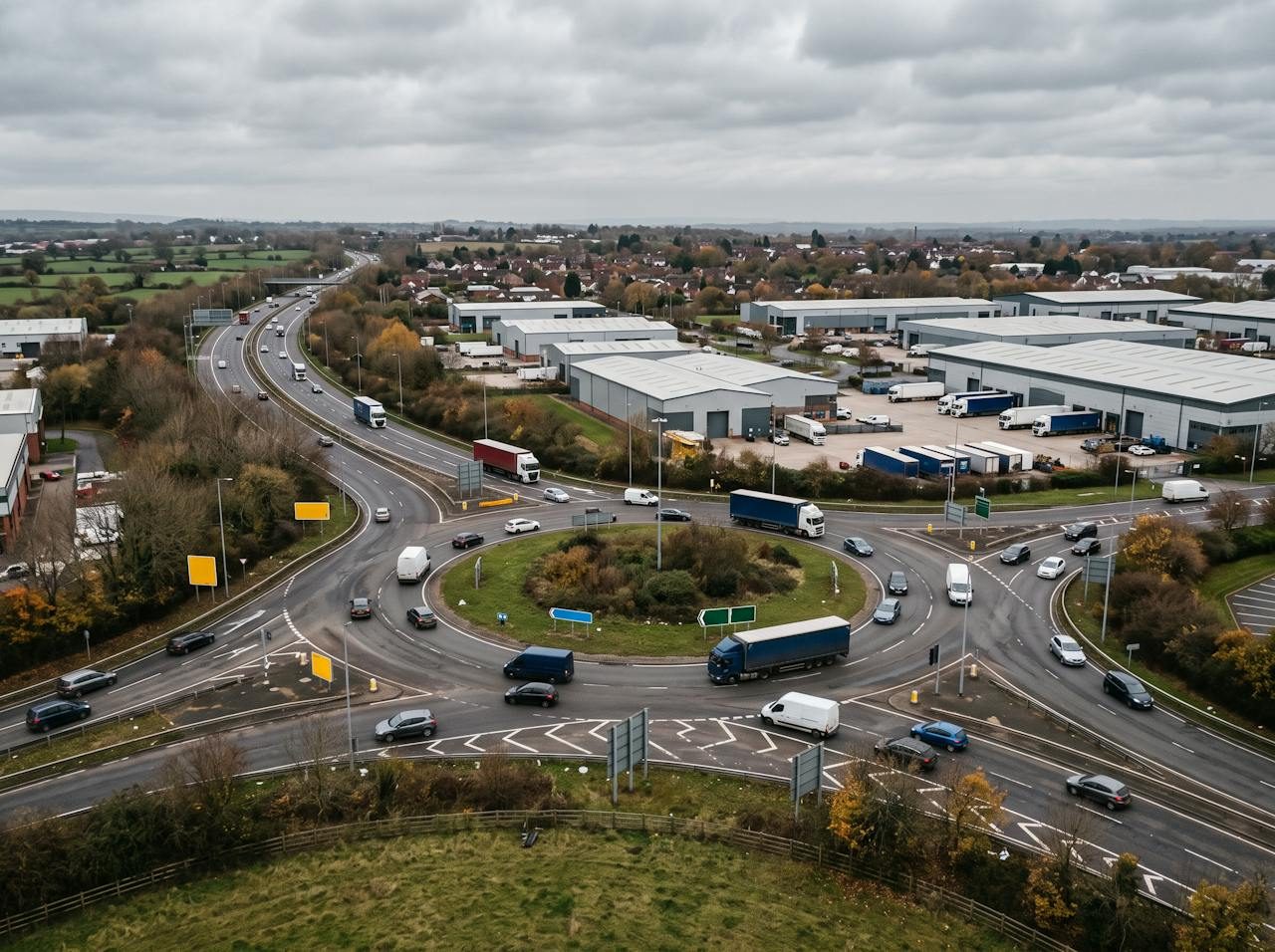 Busy roundabout and industrial estates on the edge of Stafford seen from above