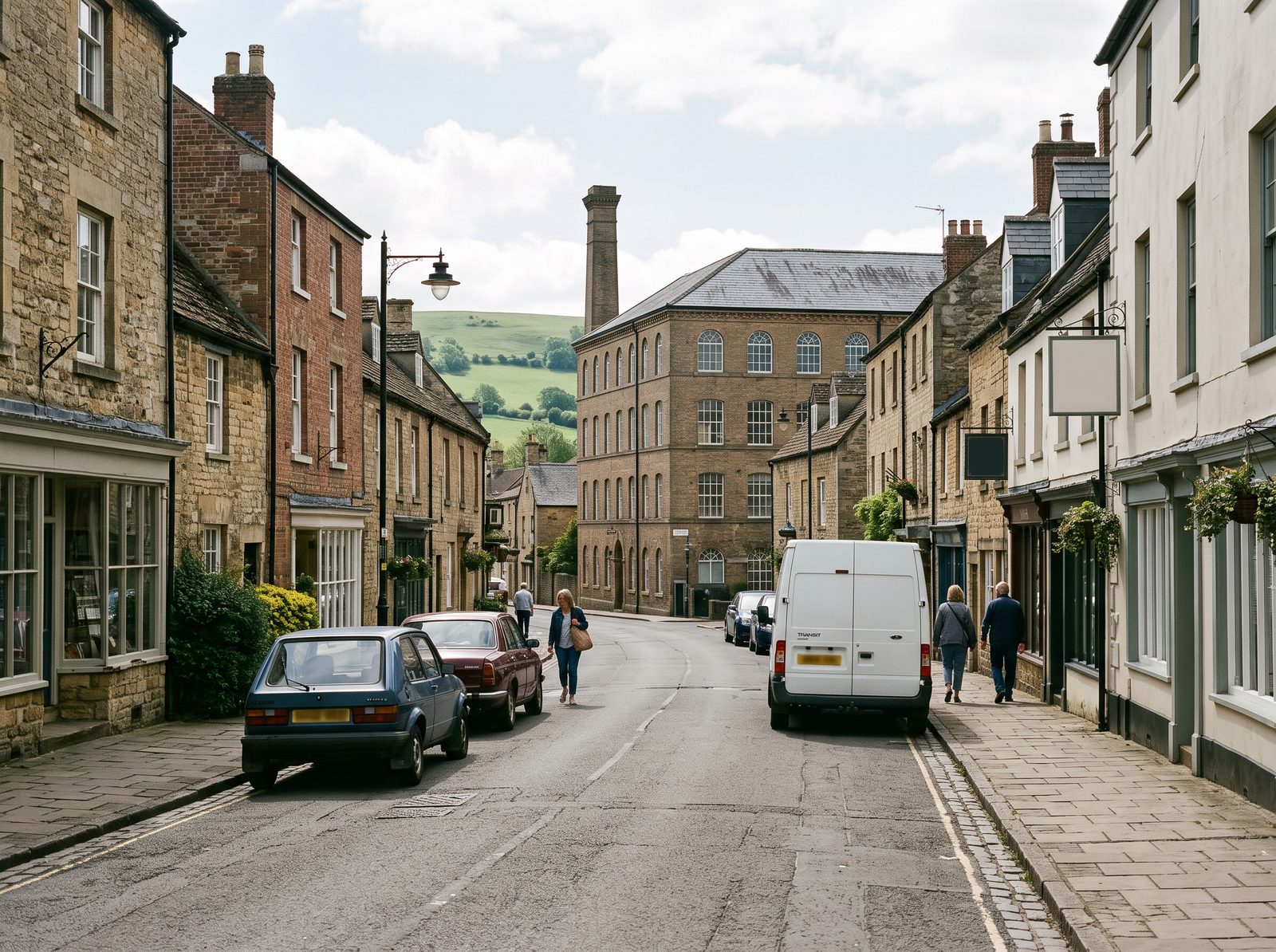 Market town street of stone and brick buildings with a Victorian mill, in the Staffordshire Moorlands