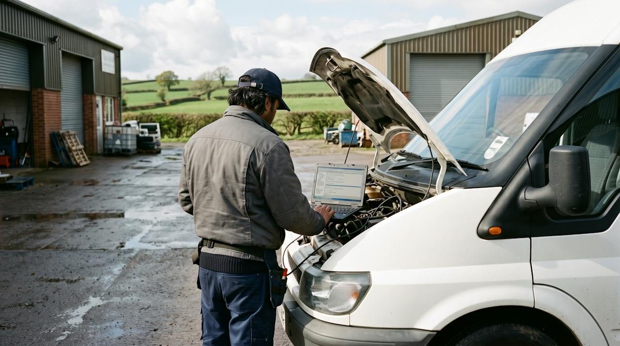 Technician running diagnostics on a white van outside an industrial unit on the edge of a Moorlands town