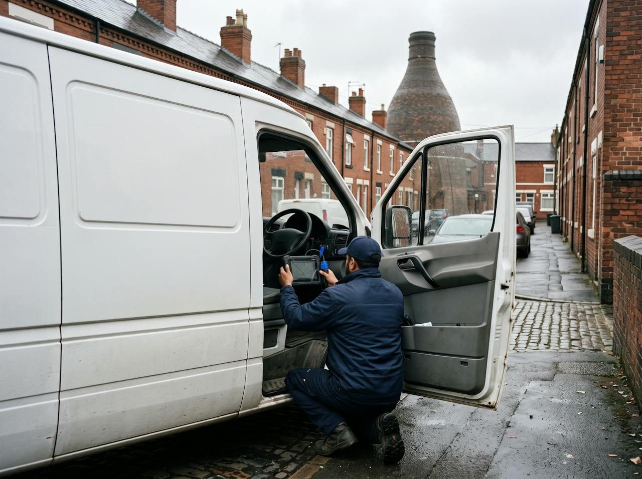 Mobile technician plugging a diagnostic tablet into a white van on a terraced street in Stoke-on-Trent, with a bottle kiln behind