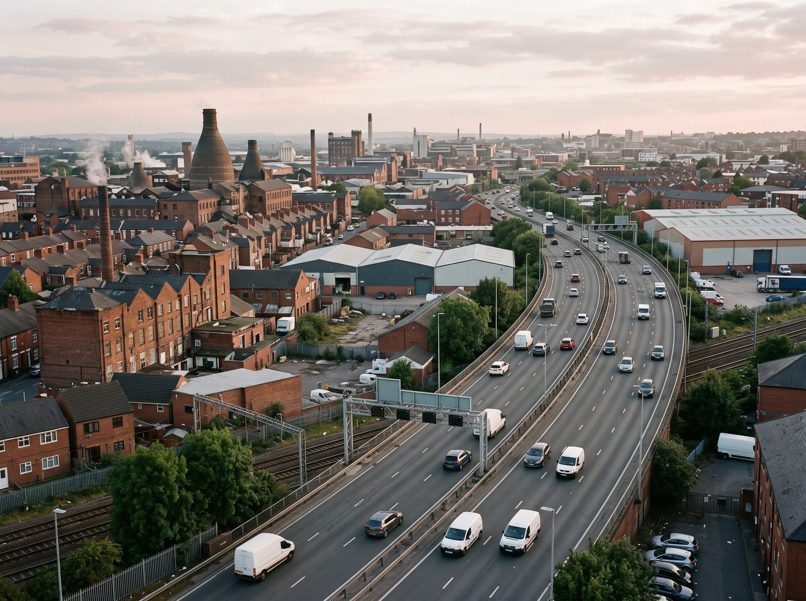 Dual carriageway curving through Stoke-on-Trent past red-brick buildings and bottle kilns