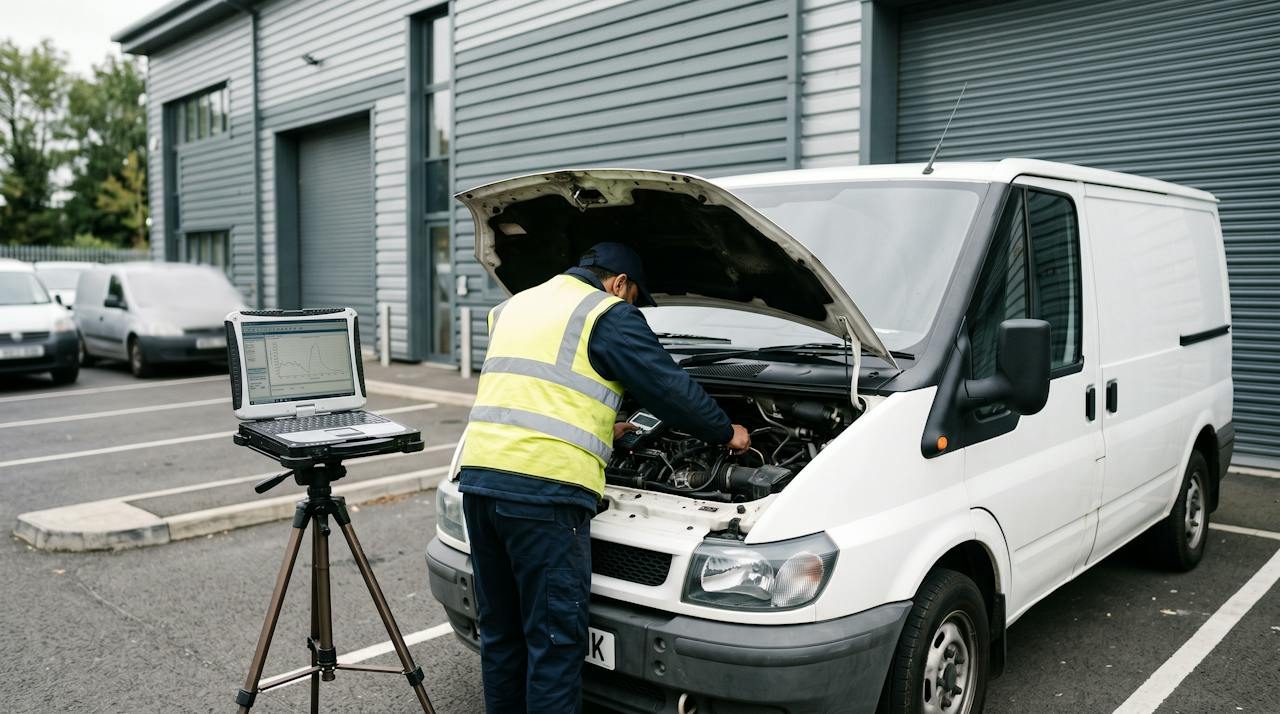 Technician checking a white van with a laptop outside a trade park unit