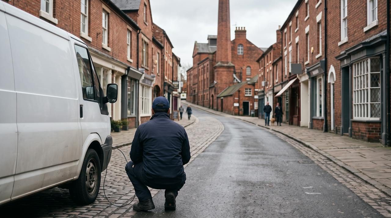 Technician crouched beside a white van on a brick street with a brewery chimney in Stone