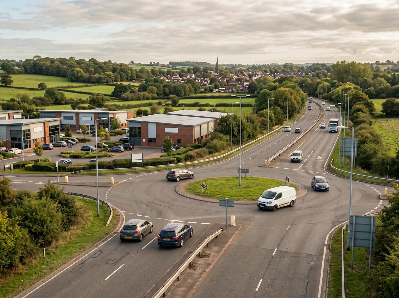 Roundabout and business units on the edge of Stone with the canal-side town behind