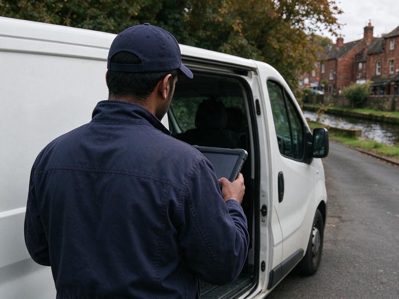 Technician in a navy cap with a diagnostic tablet at the side door of a white van on a riverside lane in Tamworth