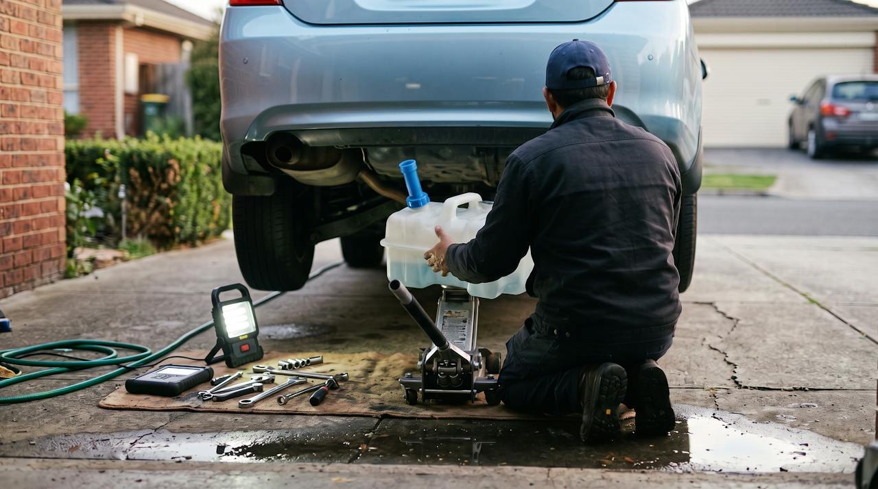 Technician lowering an AdBlue tank from under a car on a driveway
