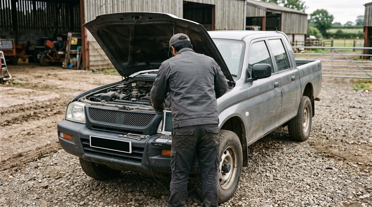 Technician working in the engine bay of a grey pickup in a farmyard