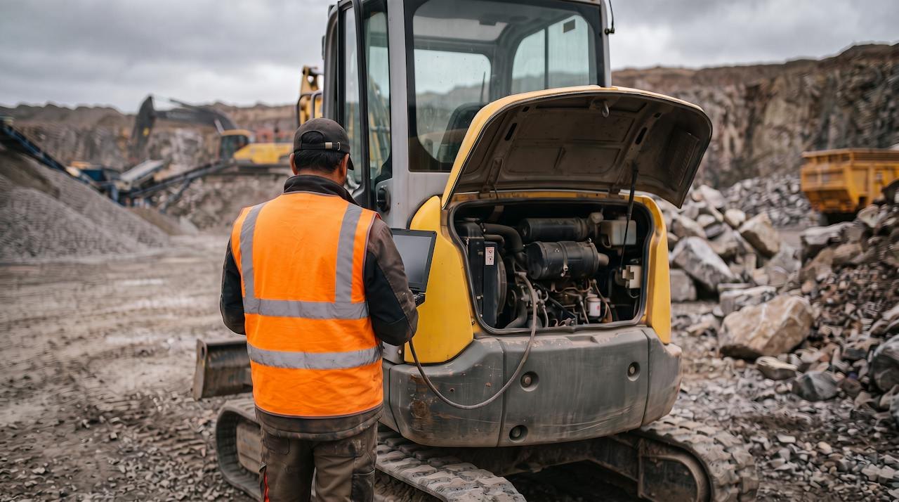 Technician in hi-vis with a laptop connected to a compact excavator in a quarry