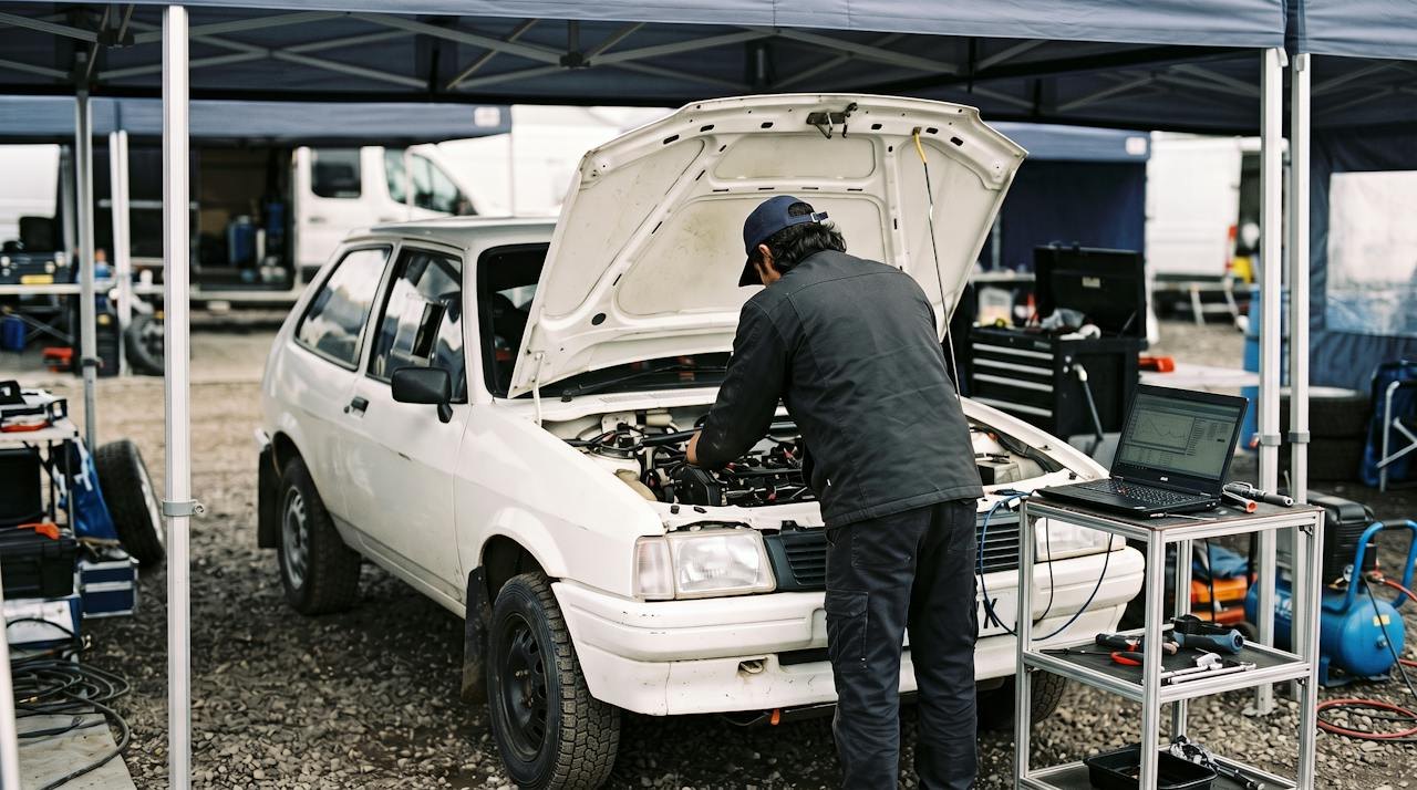 Technician working on a rally car in a motorsport paddock, laptop beside him