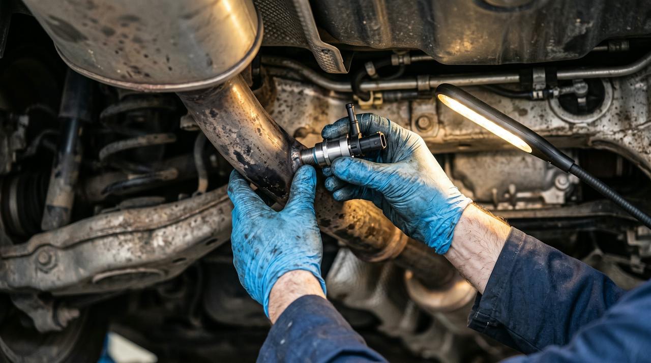 Gloved hands fitting a new AdBlue dosing injector to a diesel exhaust