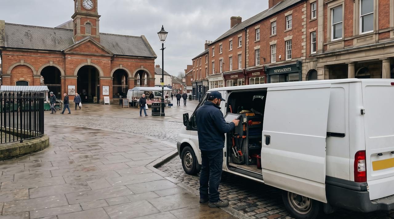 Technician at the open side door of a white van in the market square in Uttoxeter