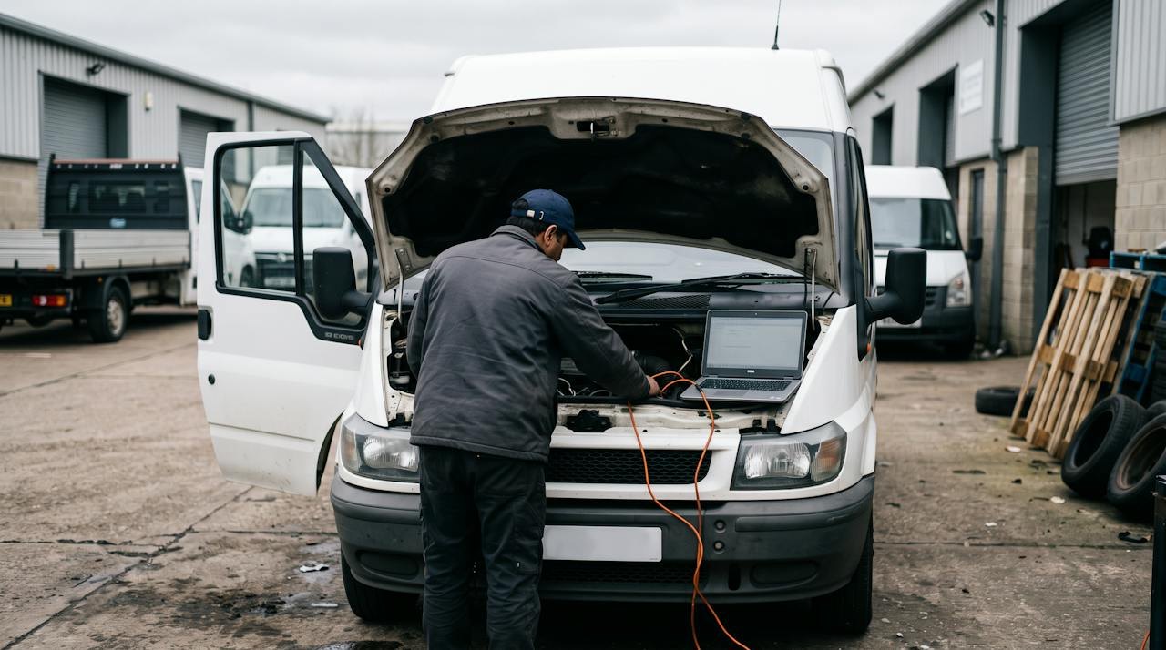 Technician working in the engine bay of a white van in a yard, laptop connected