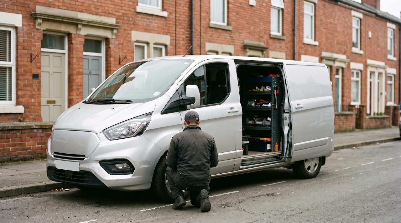 Technician kneeling at the front of a silver panel van on a terraced street