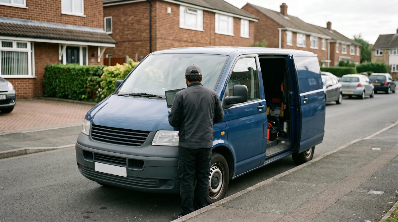 Technician at the bonnet of a blue panel van on a suburban street